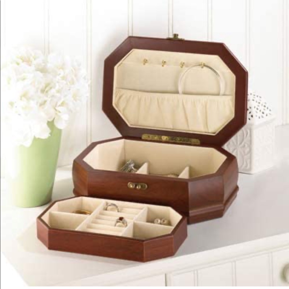 NEW Elegant Rosewood Finish Jewelry Box with Case Holder Tray